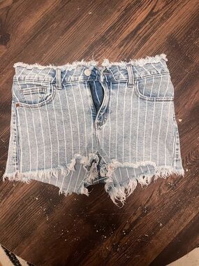 Cello Light Blue Pinstripe Frayed Denim Shorts